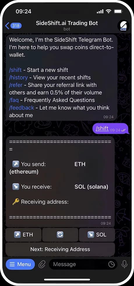 SideShift Telegram Bot screenshot